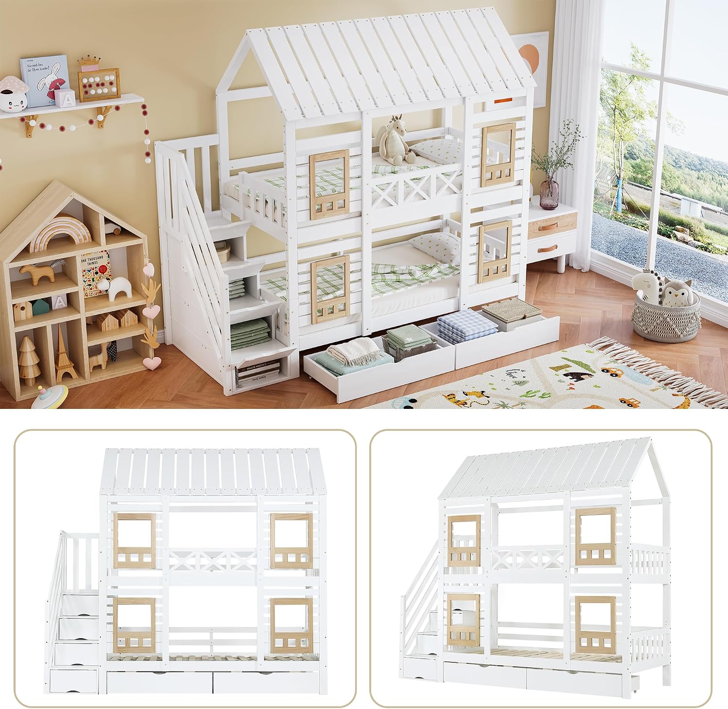Merax Etagenbett Kinderbett Holzbett 90x200 cm mit Fenster, Stauraumtreppe mit 4 Ablagefächern, Zwei Schubladen mit Rollen, Weiß+Natur, Kiefer+MDF, EN747 Zertifiziert -Ohne Matratze — Ansicht 4