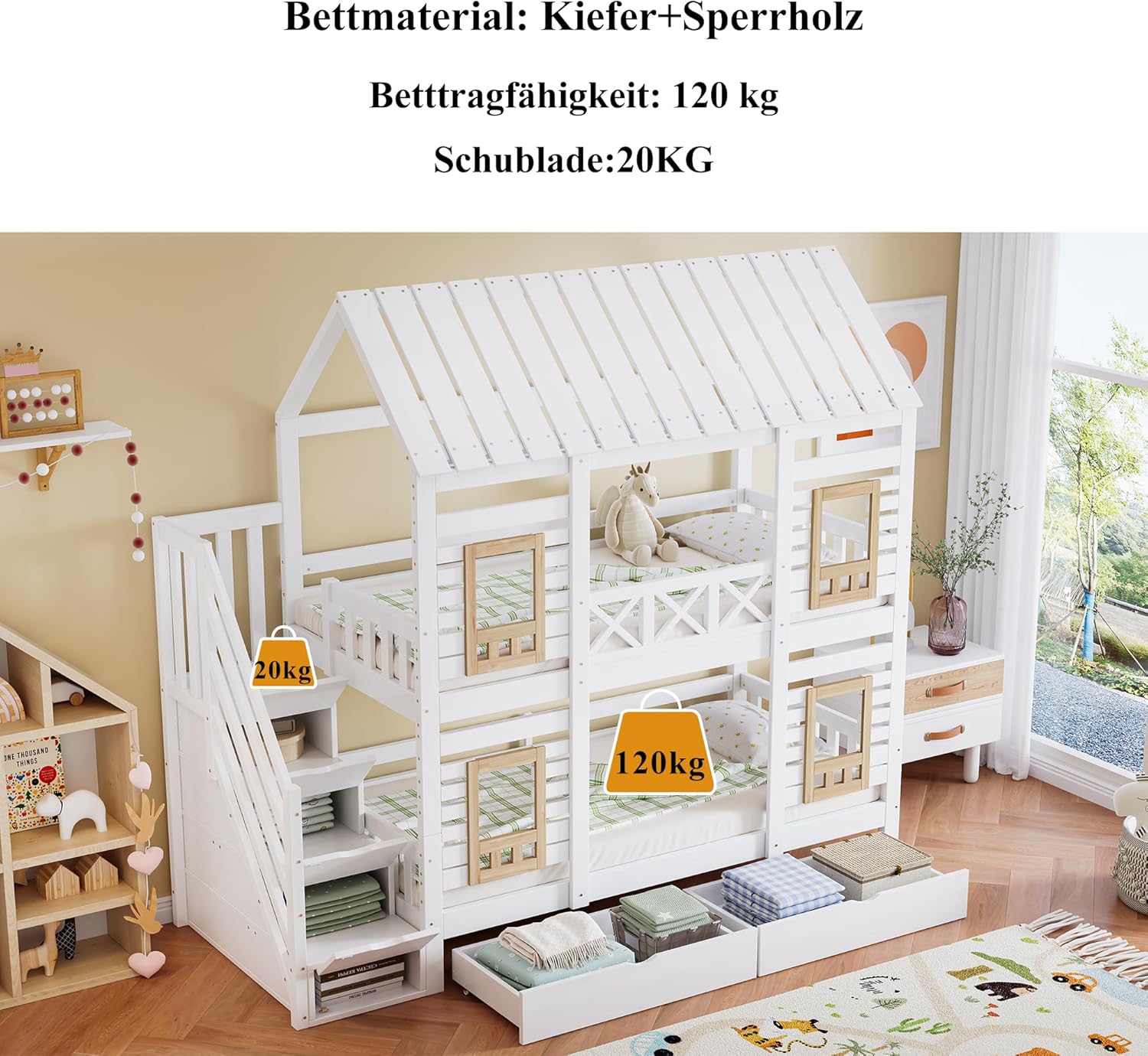 Merax Etagenbett Kinderbett Holzbett 90x200 cm mit Fenster, Stauraumtreppe mit 4 Ablagefächern, Zwei Schubladen mit Rollen, Weiß+Natur, Kiefer+MDF, EN747 Zertifiziert -Ohne Matratze — Ansicht 5