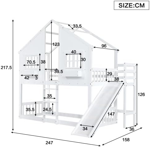 Merax Etagenbett Kinderbett mit Rutsche und Fenster, Weiß, 90x200 cm, Mit Fallschutzgitter, Hausbett für Kinder, EN747 Zertifiziert — Ansicht 2