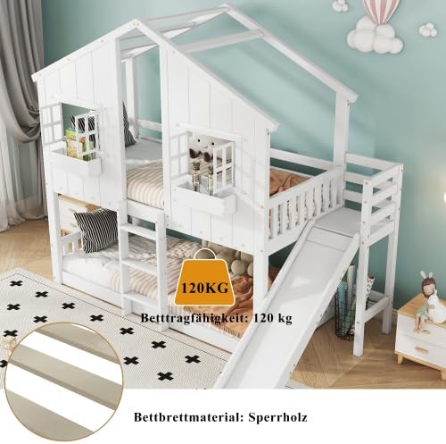 Merax Etagenbett Kinderbett mit Rutsche und Fenster, Weiß, 90x200 cm, Mit Fallschutzgitter, Hausbett für Kinder, EN747 Zertifiziert — Ansicht 4