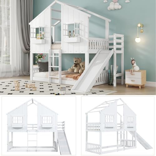 Merax Etagenbett Kinderbett mit Rutsche und Fenster, Weiß, 90x200 cm, Mit Fallschutzgitter, Hausbett für Kinder, EN747 Zertifiziert — Ansicht 5
