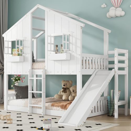Merax Etagenbett Kinderbett mit Rutsche und Fenster, Weiß, 90x200 cm, Mit Fallschutzgitter, Hausbett für Kinder, EN747 Zertifiziert — Ansicht 6