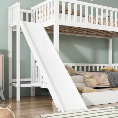 Merax Etagenbett mit Rollbett, Kinderbett mit Rutsche, Fallschutzgitter, Regalen und Stabiler Leiter – Weiß, 90x200/190cm, Platzsparend & Sicher — Ansicht 5