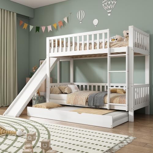 Merax Etagenbett mit Rollbett, Kinderbett mit Rutsche, Fallschutzgitter, Regalen und Stabiler Leiter – Weiß, 90x200/190cm, Platzsparend & Sicher — Ansicht 6