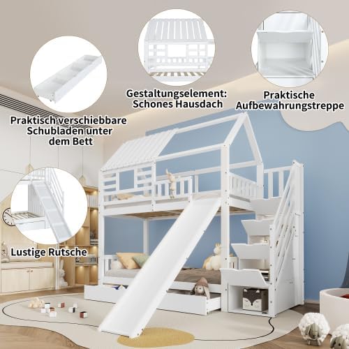 Merax Etagenbett mit Treppe und Rutsche, Hausbett für Kinder, Kiefernholz + MDF, 90x200 cm, Weiß, mit Fenster, Dach, Stauraum und Fallschutz — Ansicht 3