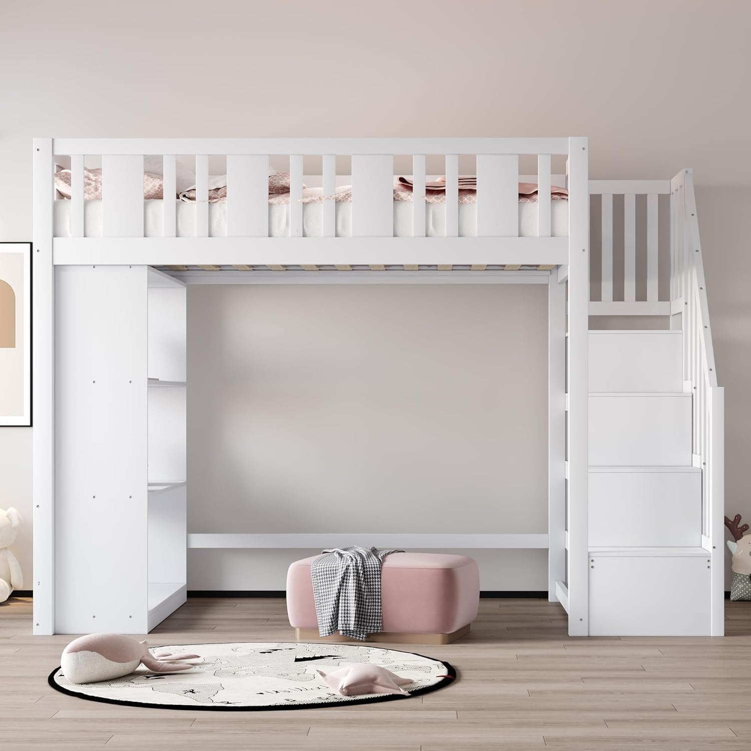 Merax Funktionales Hochbett 90x200 cm, mit Aufbewahrungsleiter und 3 großen Fächern, sicheres Geländer, weiß (keine Matratzen) — Ansicht 4