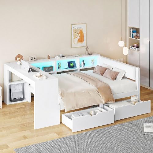 Merax Funktionsbett 140x200 cm Kinderbett mit Polsterkopfteil, Schubladen, Ablageflächen, USB-Ladestation und LED-Beleuchtung – Plattformbett für Kinderzimmer, Jugendbett, Tagesbett, Weiß — Ansicht 4