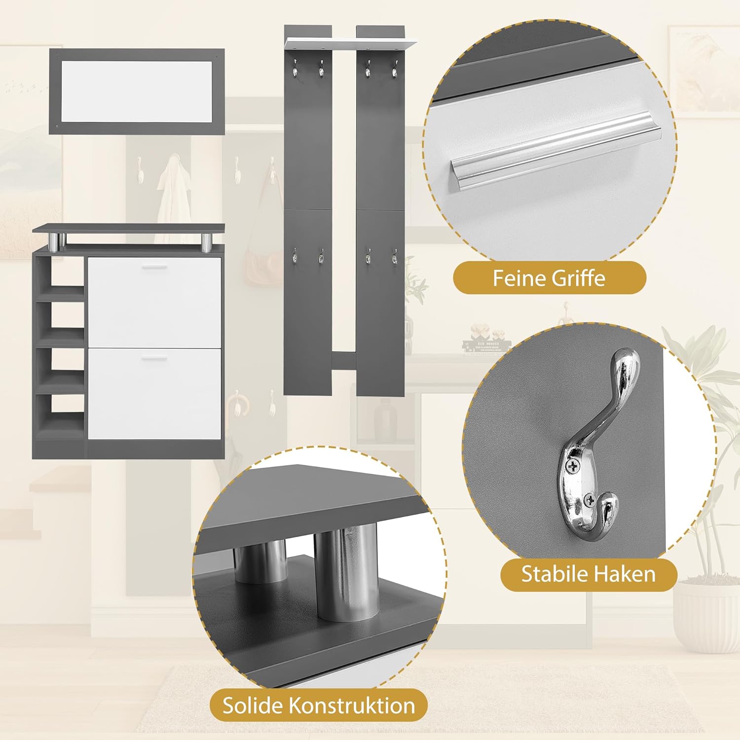 Merax Garderoben-Set 3-teilig, Flur Garderoben Komplettprogramme mit 1 Schuhschrank, 1 Wandspiegel und 2 Garderobenpaneele, Wandgarderobe mit Ablage, Stylishe Garderobenset, Flurmöbel, Grau & Weiß — Ansicht 5
