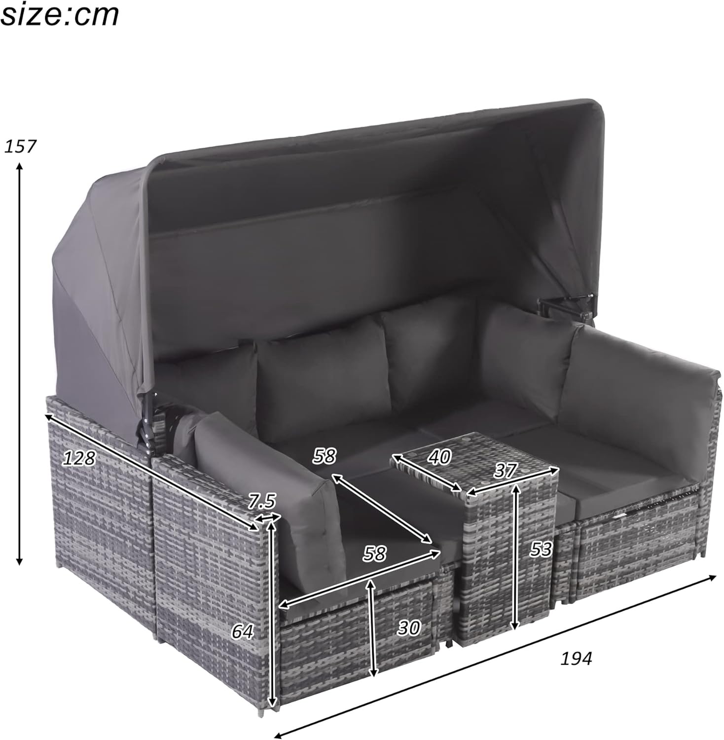 Merax Gartenlounge-Set, Polyrattan mit aufklappbarem Sonnendach inkl. Kissen für 5 Personen, Gartenmöbel Set mit 3-Sitzer Sofa umbaubar, 2X Einzelsessel, 1x Ottoman, 1x Tisch (5 Personen-Sitzer) — Ansicht 5