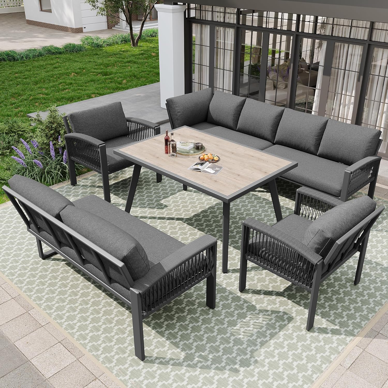 Merax Gartenmöbel Set 8-Personen, Sitzgruppe Gartenlounge Set mit Tisch & Kissen, Outdoor Ecksofa-Set aus verzinktem Eisen, handgeflochten Seil, Essgruppe wetterfest für Garten Balkon Terrasse, Grau — Ansicht 2