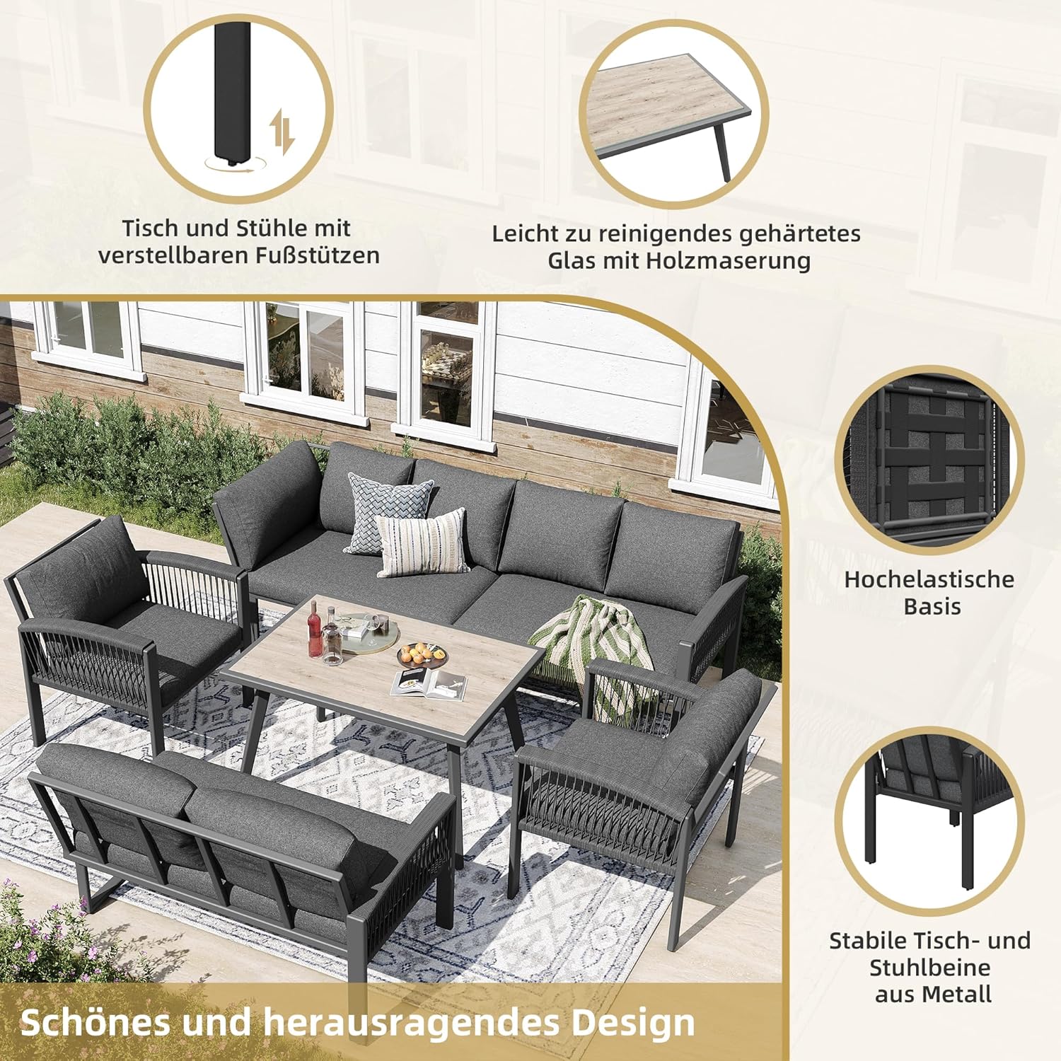 Merax Gartenmöbel Set 8-Personen, Sitzgruppe Gartenlounge Set mit Tisch & Kissen, Outdoor Ecksofa-Set aus verzinktem Eisen, handgeflochten Seil, Essgruppe wetterfest für Garten Balkon Terrasse, Grau — Ansicht 4