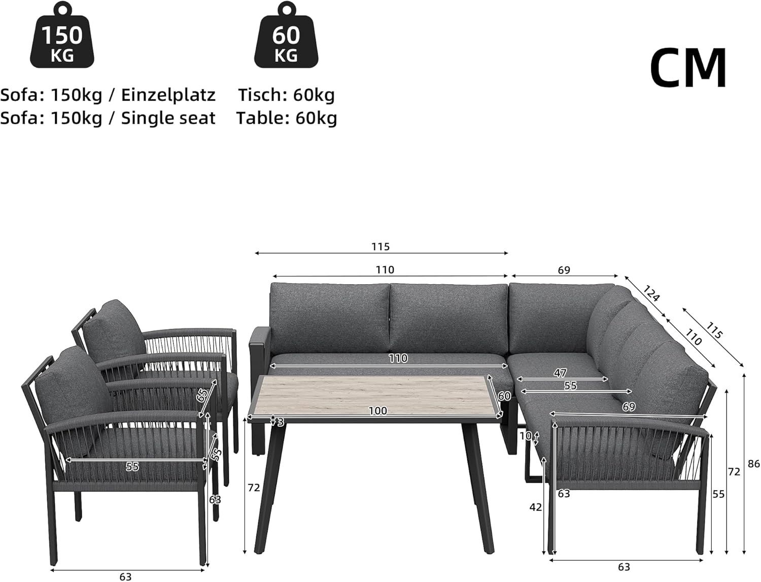 Merax Gartenmöbel Set 8-Personen, Sitzgruppe Gartenlounge Set mit Tisch & Kissen, Outdoor Ecksofa-Set aus verzinktem Eisen, handgeflochten Seil, Essgruppe wetterfest für Garten Balkon Terrasse, Grau — Ansicht 6