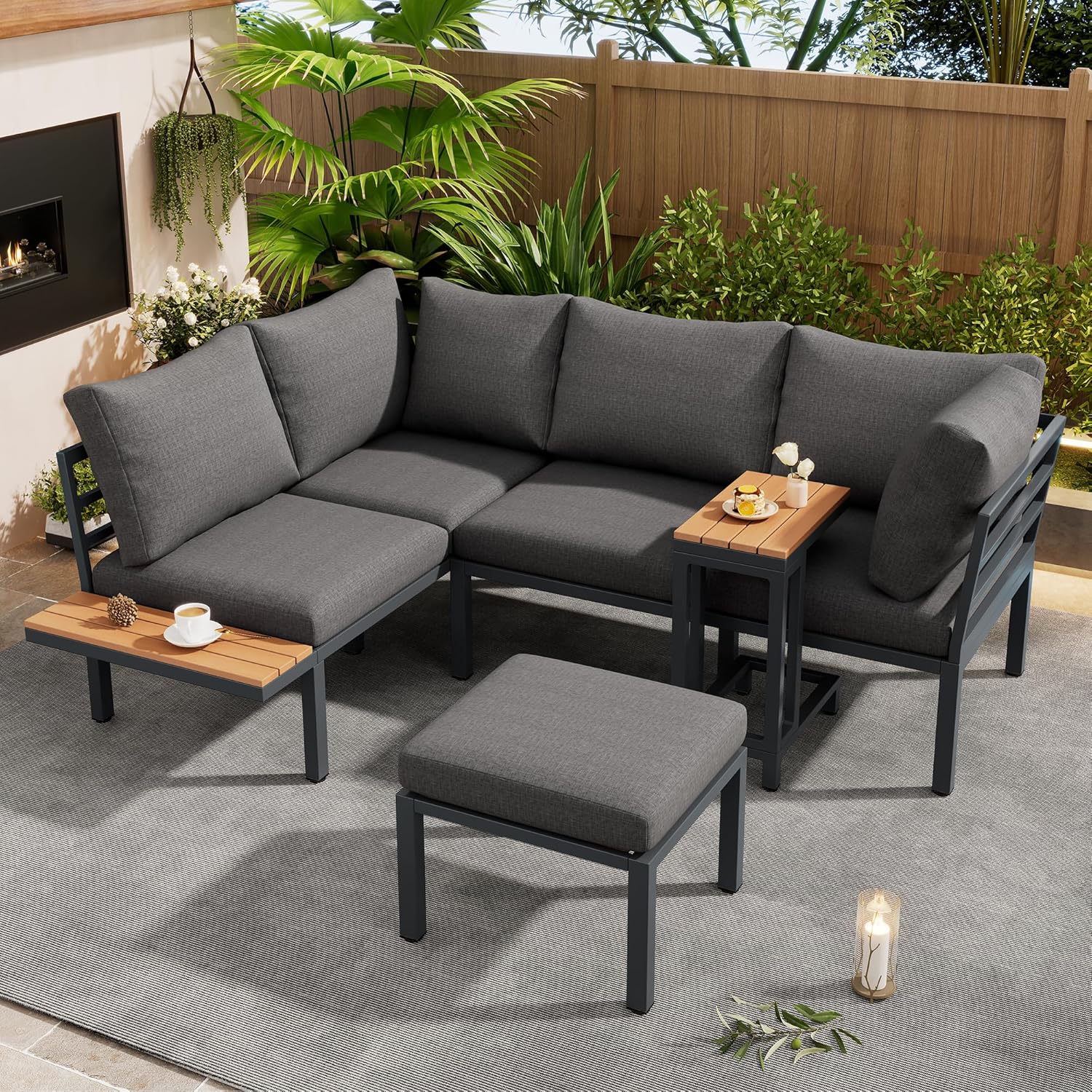 Merax Gartenmöbel Set, Balkonmöbel mit aus Verzinktes Stahlrohr, Terrassenmöbel mit Beistelltisch und Couchtisch, Tischplatte aus Kunststoffholz, Grau und Schwarz — Ansicht 2