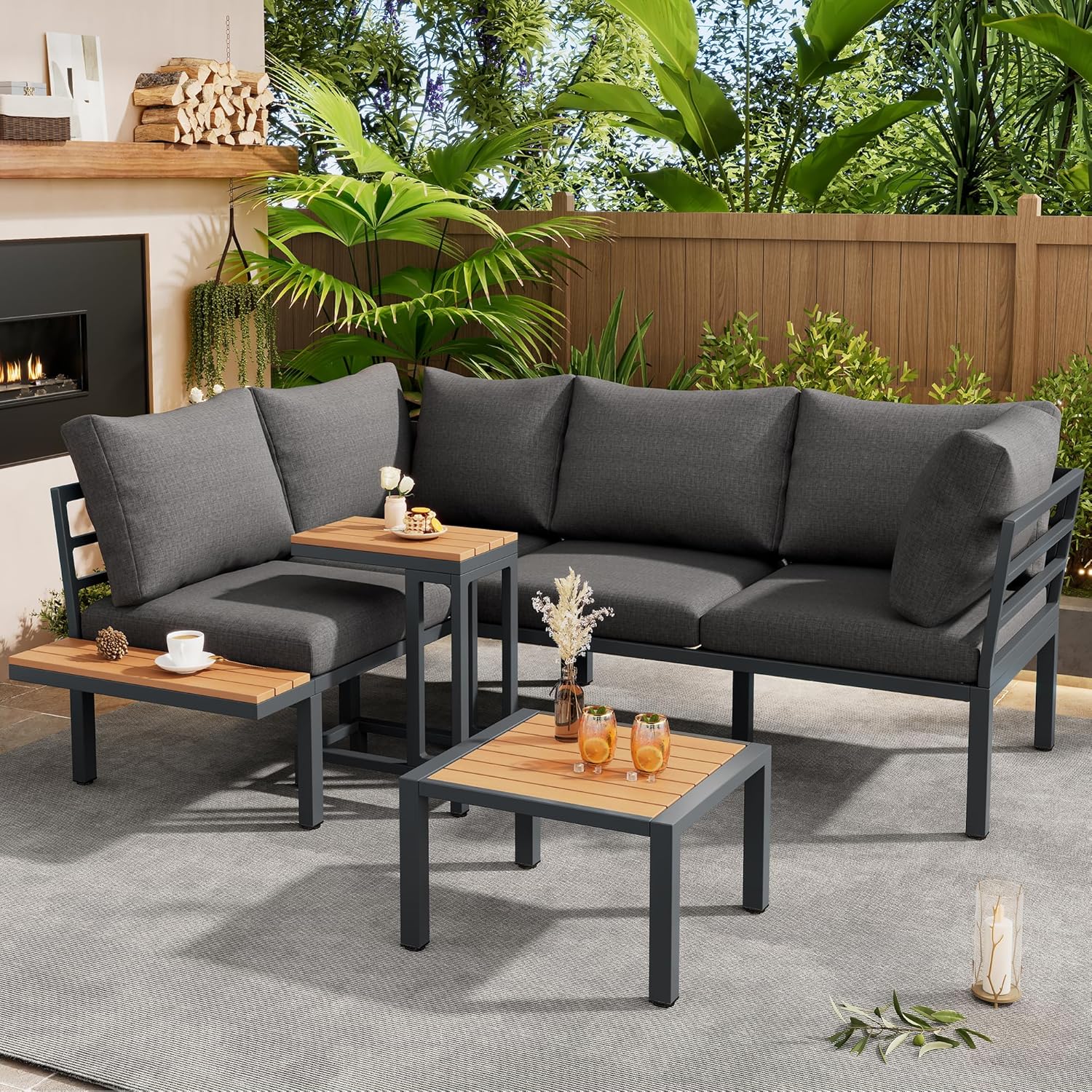 Merax Gartenmöbel Set, Balkonmöbel mit aus Verzinktes Stahlrohr, Terrassenmöbel mit Beistelltisch und Couchtisch, Tischplatte aus Kunststoffholz, Grau und Schwarz