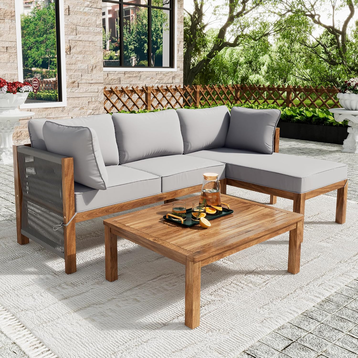 Merax Gartenmöbel Set für 3-4 Personen, Balkonmöbel Lounge Sitzgruppe mit Tisch & Kissen, L-förmiges Terrassenmöbel, Ecksofa-Set aus Akazienholz, Handgewebtem Seil, Gartenlounge Set, Outdoor, Grau