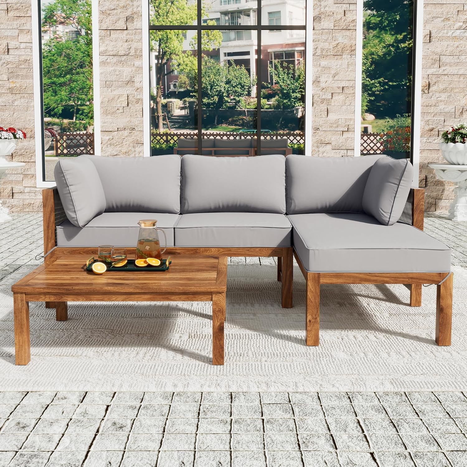Merax Gartenmöbel Set für 3-4 Personen, Balkonmöbel Lounge Sitzgruppe mit Tisch & Kissen, L-förmiges Terrassenmöbel, Ecksofa-Set aus Akazienholz, Handgewebtem Seil, Gartenlounge Set, Outdoor, Grau — Ansicht 2