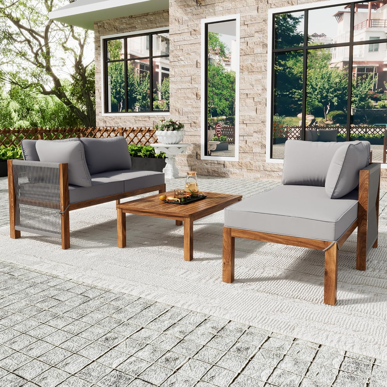 Merax Gartenmöbel Set für 3-4 Personen, Balkonmöbel Lounge Sitzgruppe mit Tisch & Kissen, L-förmiges Terrassenmöbel, Ecksofa-Set aus Akazienholz, Handgewebtem Seil, Gartenlounge Set, Outdoor, Grau — Ansicht 3