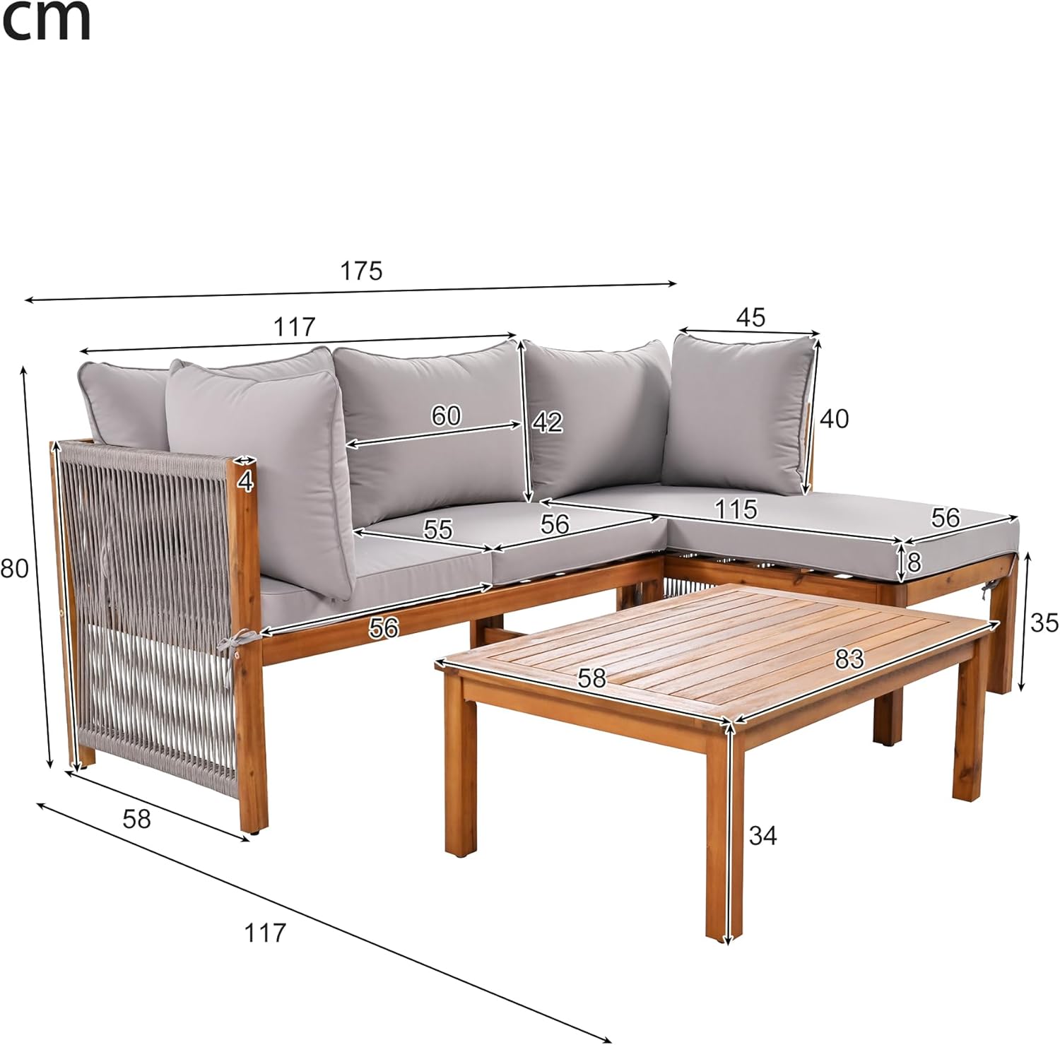 Merax Gartenmöbel Set für 3-4 Personen, Balkonmöbel Lounge Sitzgruppe mit Tisch & Kissen, L-förmiges Terrassenmöbel, Ecksofa-Set aus Akazienholz, Handgewebtem Seil, Gartenlounge Set, Outdoor, Grau — Ansicht 4