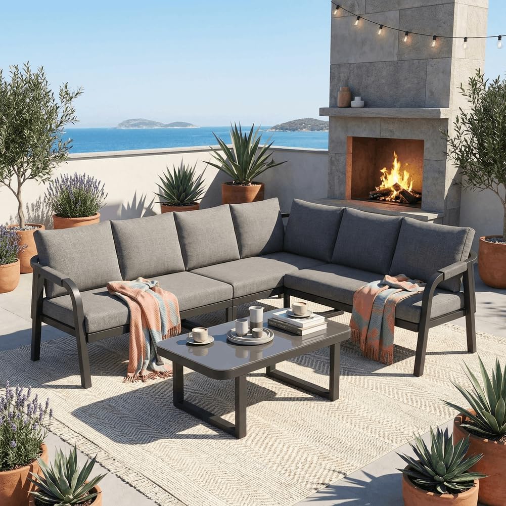 Merax Gartenmöbel-Set für 6 Personen, Ecksofa mit geflochtenen Arm- & Rückenlehnen, Outdoor Lounge Set mit Couchtisch & Glasplatte, verzinkte Stahlrohre, Gartenlounge für Terrasse Balkon, Grau