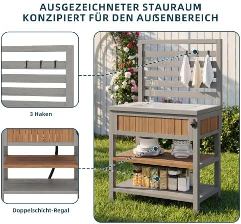 Merax Gartenschrank mit Wasserbecken & Wasserhahn – Wetterfester Geräteschrank mit großer Edelstahl-Arbeitsfläche, Schublade & integriertem Flaschenöffner, Outdoor-Küchenschrank — Ansicht 3