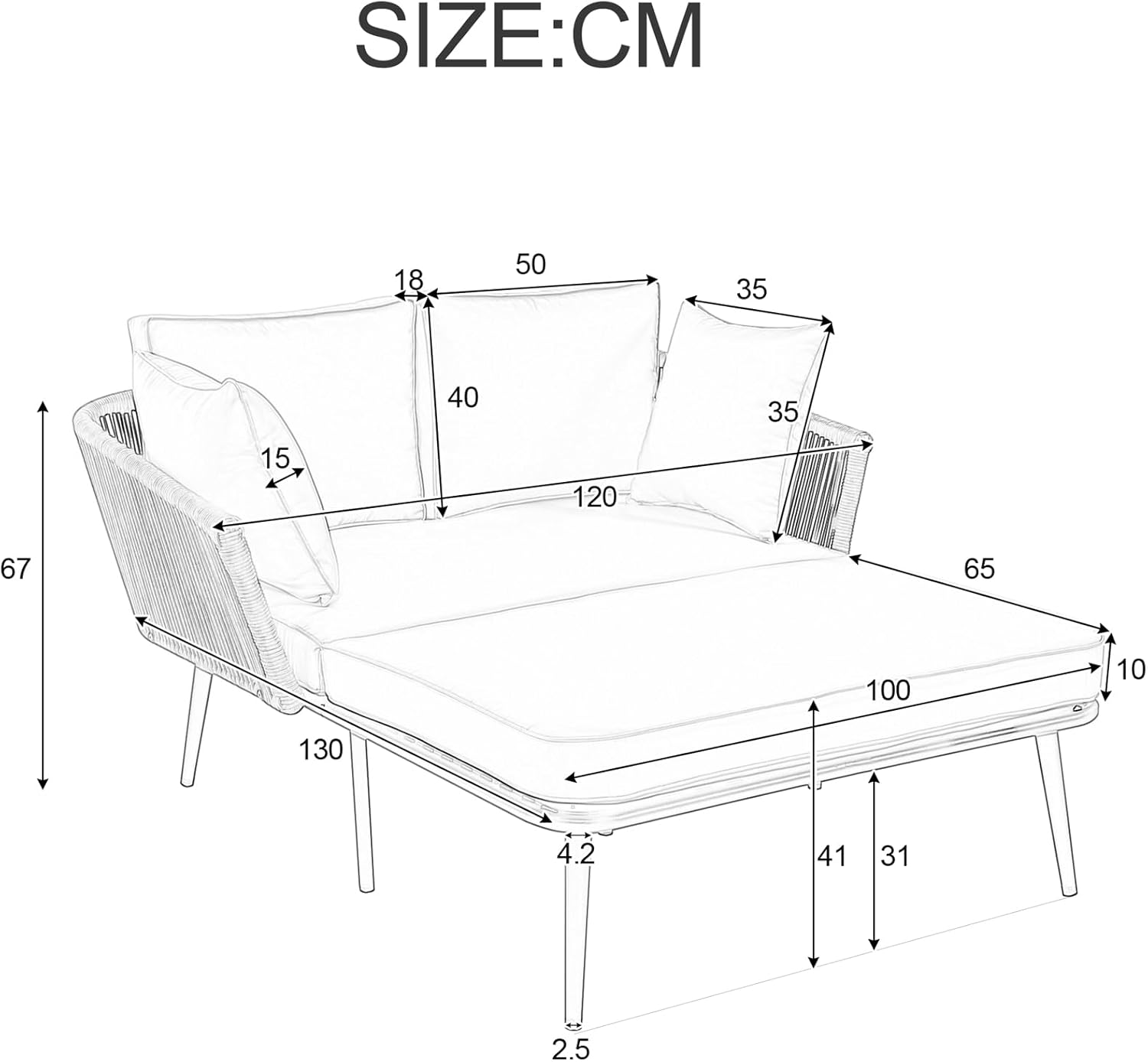 Merax Gartensofa, Outdoor Sonnenliege mit 2 Kissen und 2 Polster, Gartenlounge mit Abnehmbar und Waschbar Kissen für Balkon Terrasse, Garten, Khaki — Ansicht 2