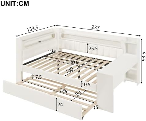 Merax Gepolstertes 140x200 Tagesbett mit USB-Anschlüssen, LED-Gürtel, Ausziehbett und Schreibtisch – Sofabett, Tagesbett für Gästezimmer, Weiß — Ansicht 2