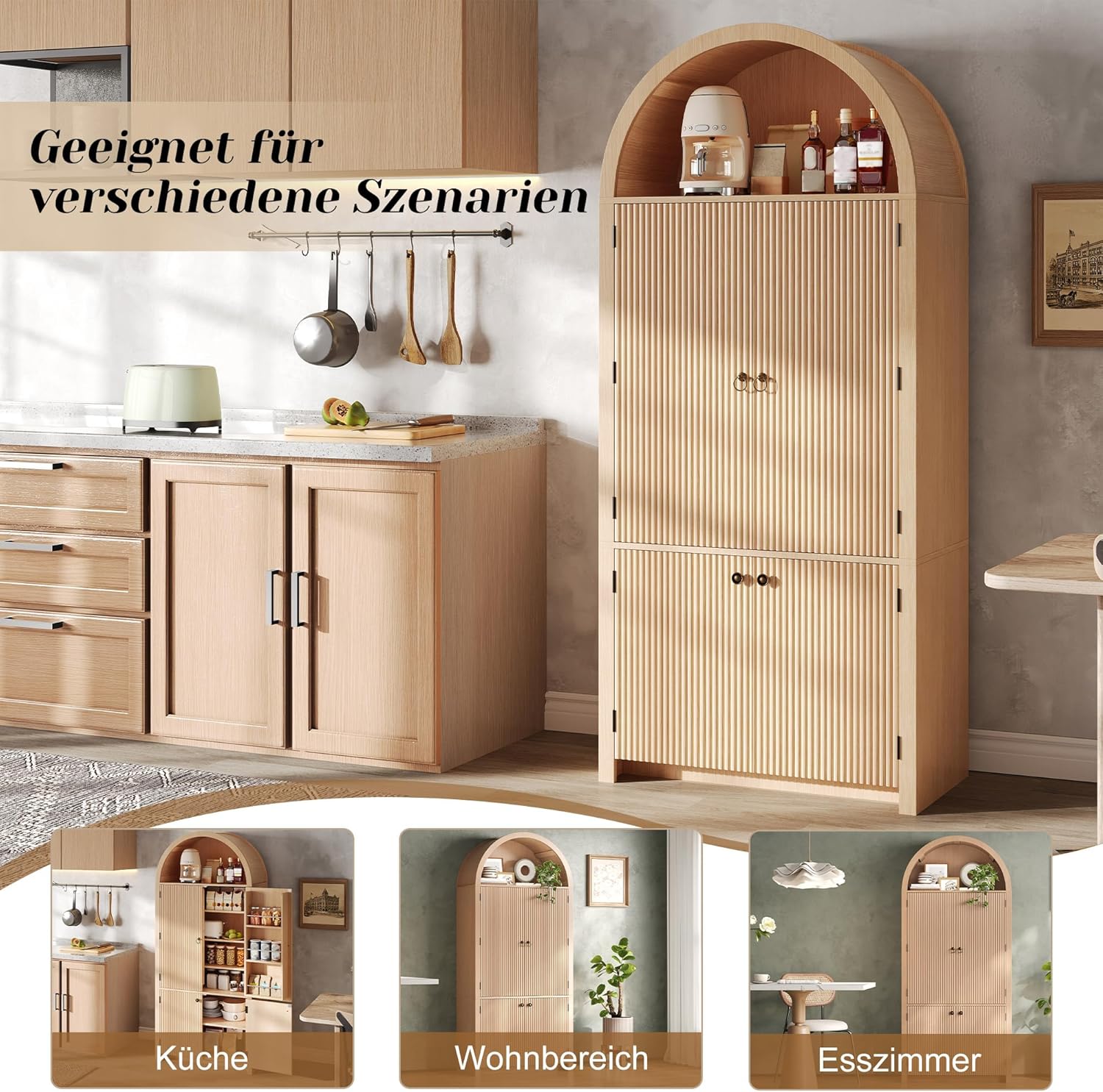Merax Gewölbter Küchenschrank, Bogenschrank, Vitrinenschrank mit Ablage über der, 6 Regale und Offenem Oberfach, Holzoptik, Vitrinenschrank für Küche, Esszimmer, Wohnzimmer, 80x40x180cm, Natur — Ansicht 5