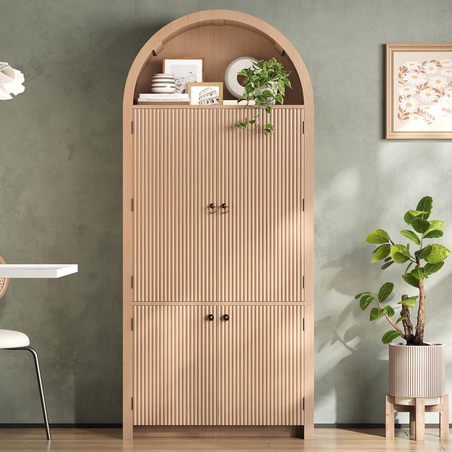 Merax Gewölbter Küchenschrank, Bogenschrank, Vitrinenschrank mit Ablage über der, 6 Regale und Offenem Oberfach, Holzoptik, Vitrinenschrank für Küche, Esszimmer, Wohnzimmer, 80x40x180cm, Natur