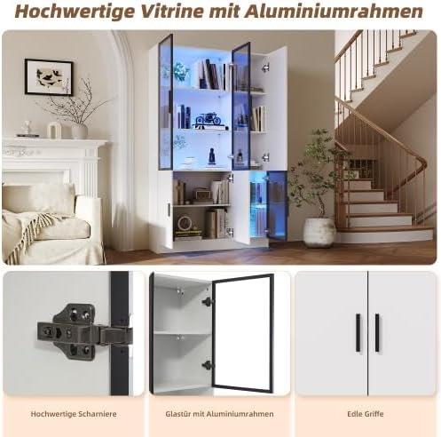 Merax Glasvitrine mit LED 120 x 35 x 200 cm, Vitrinenschrank mit 3 Glastüren aus Aluminiumrahmen, Standvitrine mit 10 Ablagebereichen, Wohnzimmerschrank, Multifunktionsschrank — Ansicht 3