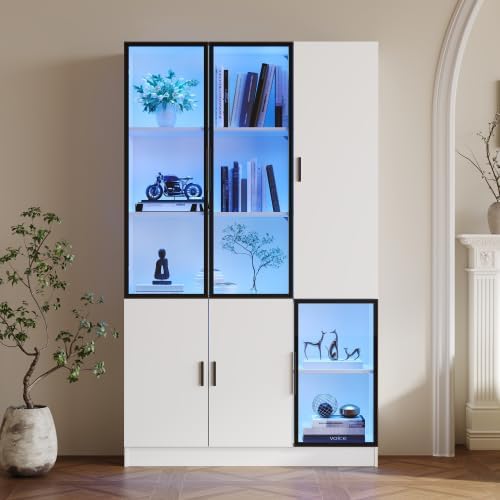 Merax Glasvitrine mit LED 120 x 35 x 200 cm, Vitrinenschrank mit 3 Glastüren aus Aluminiumrahmen, Standvitrine mit 10 Ablagebereichen, Wohnzimmerschrank, Multifunktionsschrank — Ansicht 6