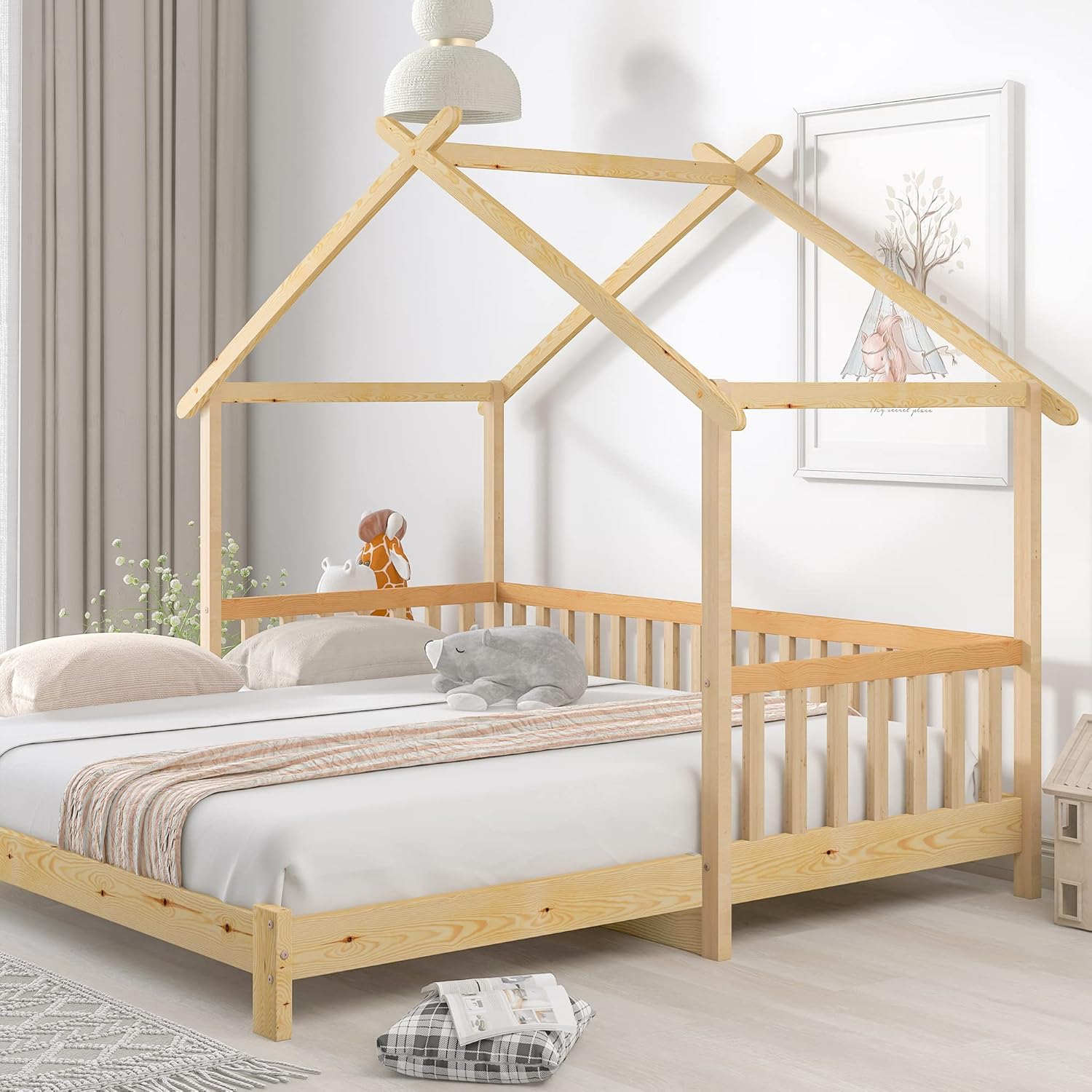 Merax Hausbett 200x180cm, Kinderbett Funktionsbett mit Rausfallschutz und Lattenrost, Erweiterbares Tagesbett Doppelbett, Holz Baumhausbett für Mädchen & Jungen, Naturfarbener — Ansicht 4
