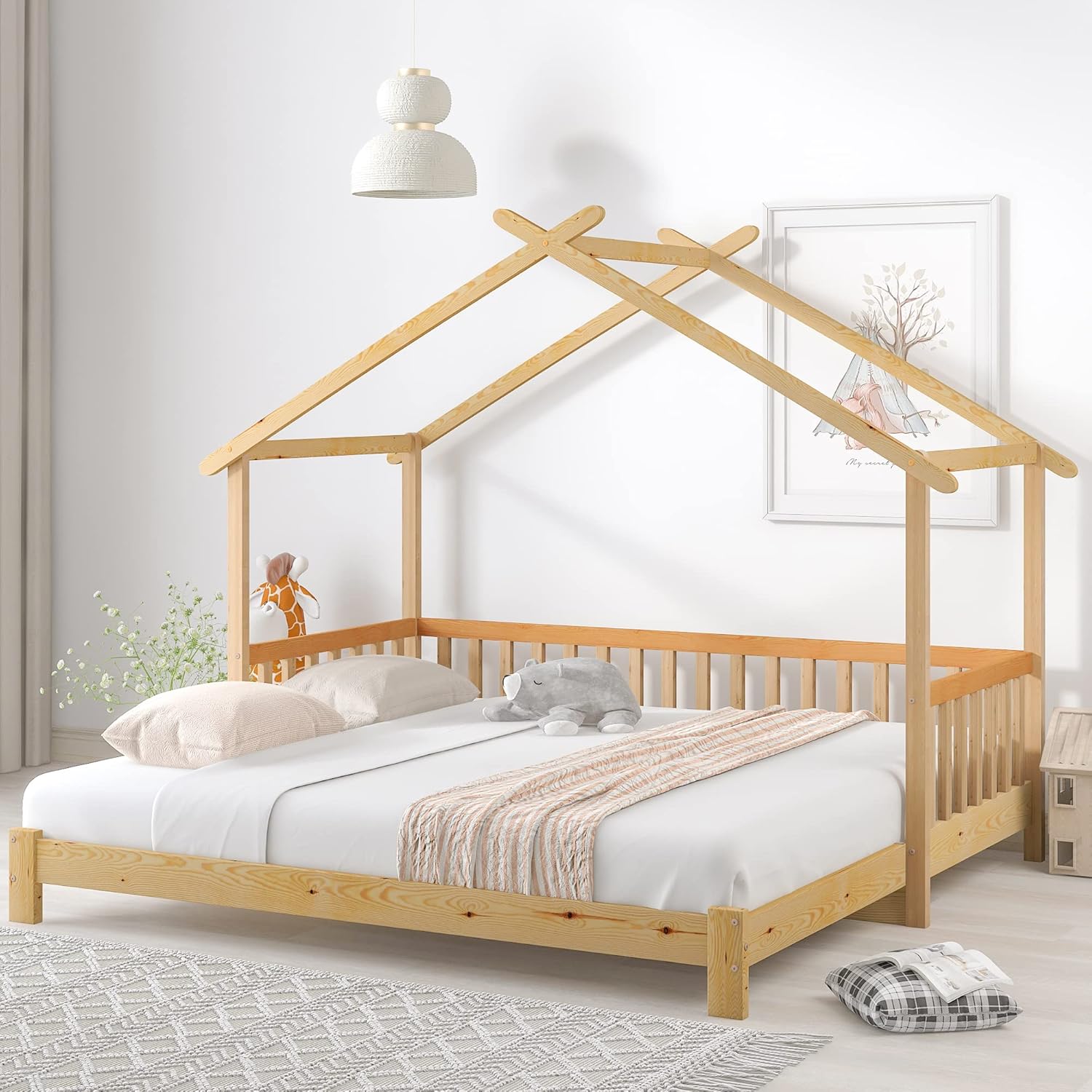 Merax Hausbett 200x180cm, Kinderbett Funktionsbett mit Rausfallschutz und Lattenrost, Erweiterbares Tagesbett Doppelbett, Holz Baumhausbett für Mädchen & Jungen, Naturfarbener