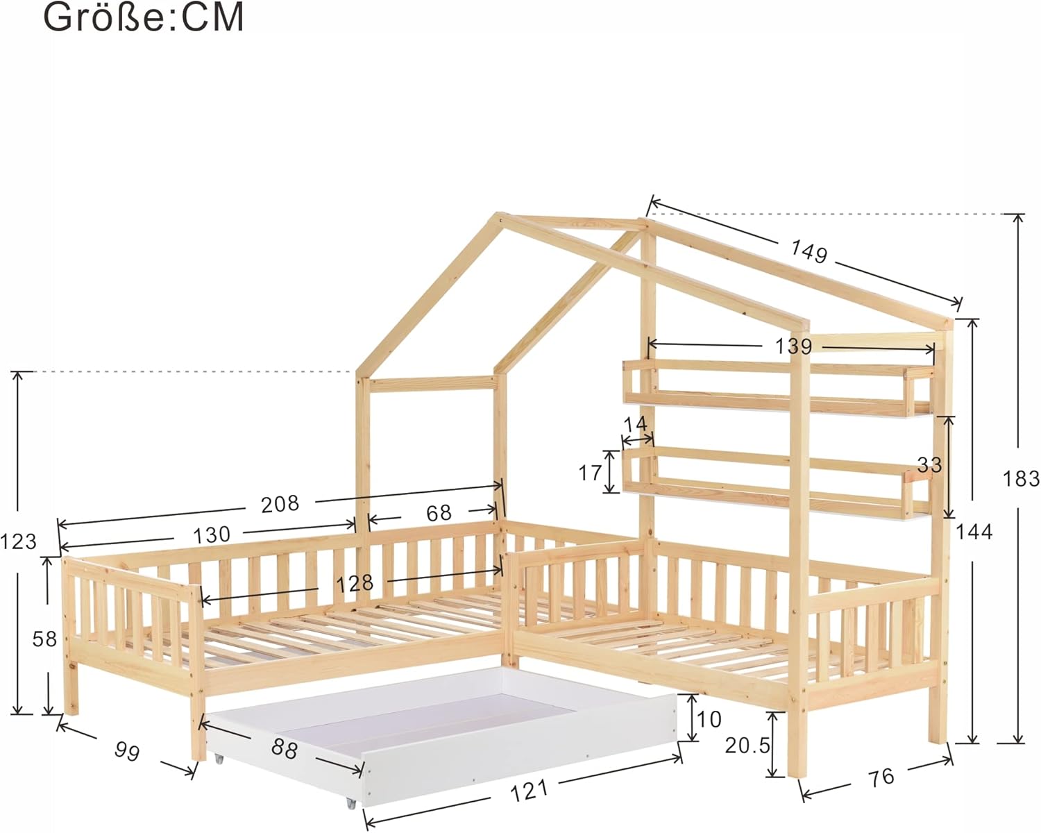Merax Hausbett mit Schubladen und Regalen, Kinderbett 90x200 cm and 140x70cm, Massivholz Spielbett mit Zaun und Lattenrost, L-Struktur, für 2 Kinder Doppelbett, Natur — Ansicht 2