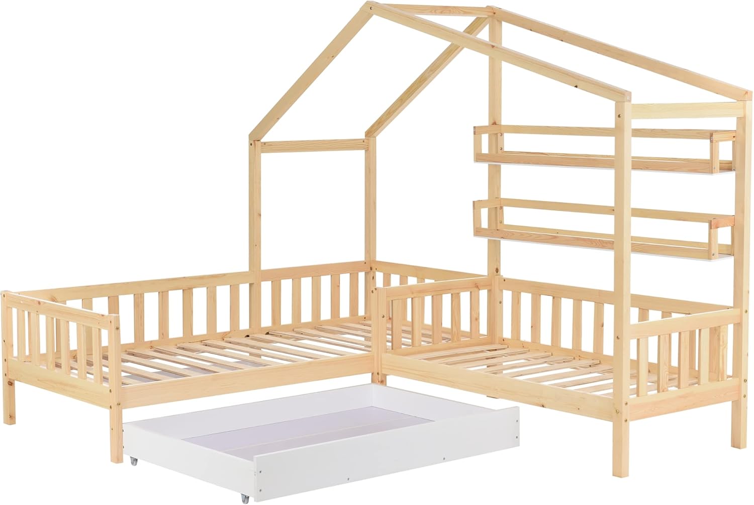 Merax Hausbett mit Schubladen und Regalen, Kinderbett 90x200 cm and 140x70cm, Massivholz Spielbett mit Zaun und Lattenrost, L-Struktur, für 2 Kinder Doppelbett, Natur — Ansicht 4