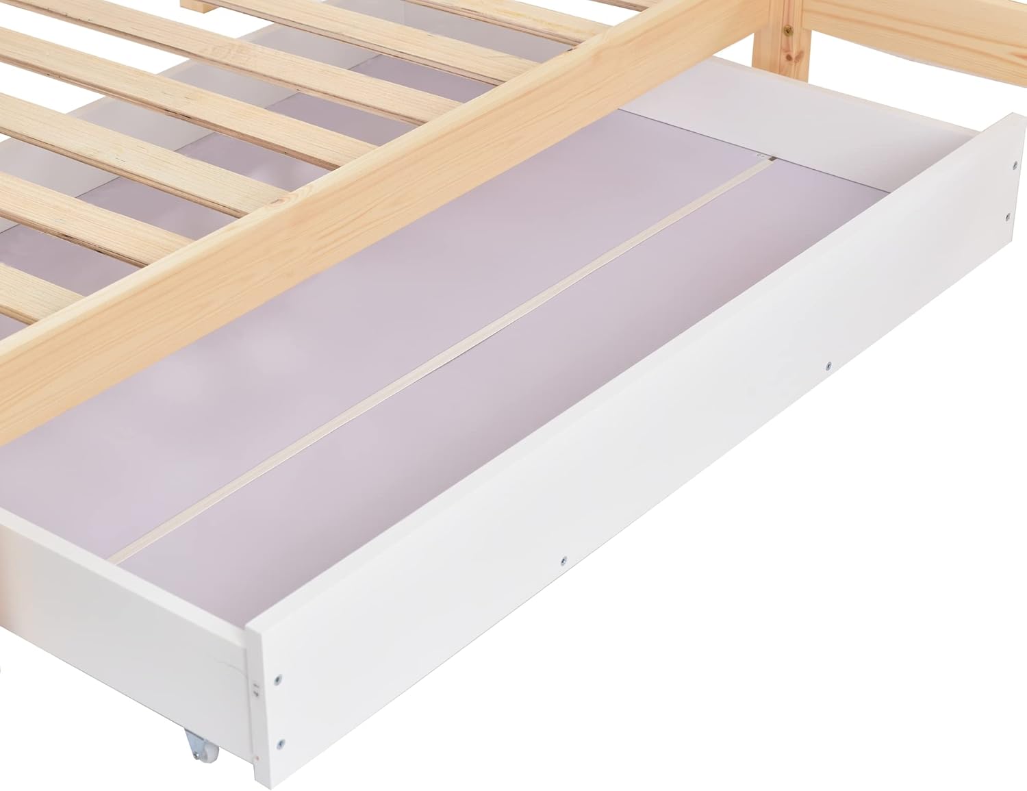Merax Hausbett mit Schubladen und Regalen, Kinderbett 90x200 cm and 140x70cm, Massivholz Spielbett mit Zaun und Lattenrost, L-Struktur, für 2 Kinder Doppelbett, Natur — Ansicht 5