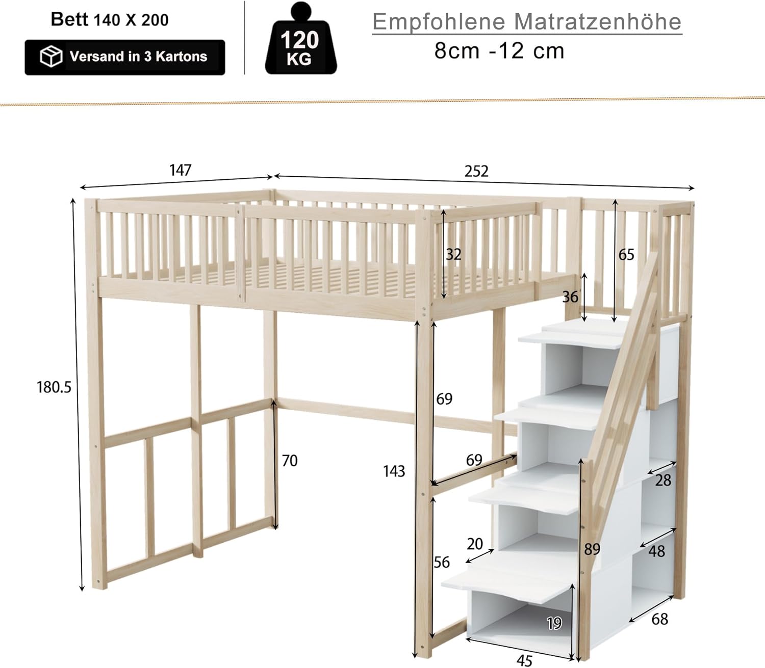 Merax Hochbett 140x200 cm, platzsparendes Kinderbett mit Stauraum, für Kinder, Jugendliche und Erwachsene, Holzfarbe und Weiß (ohne Matratze) — Ansicht 2
