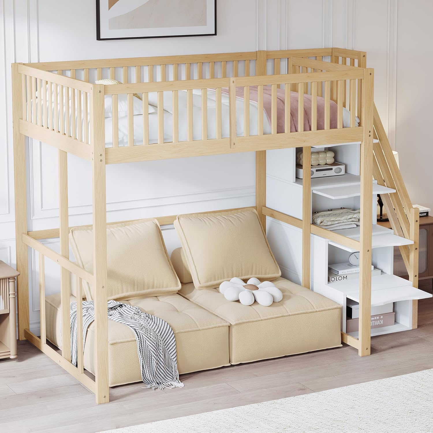 Merax Hochbett 140x200 cm, platzsparendes Kinderbett mit Stauraum, für Kinder, Jugendliche und Erwachsene, Holzfarbe und Weiß (ohne Matratze) — Ansicht 3