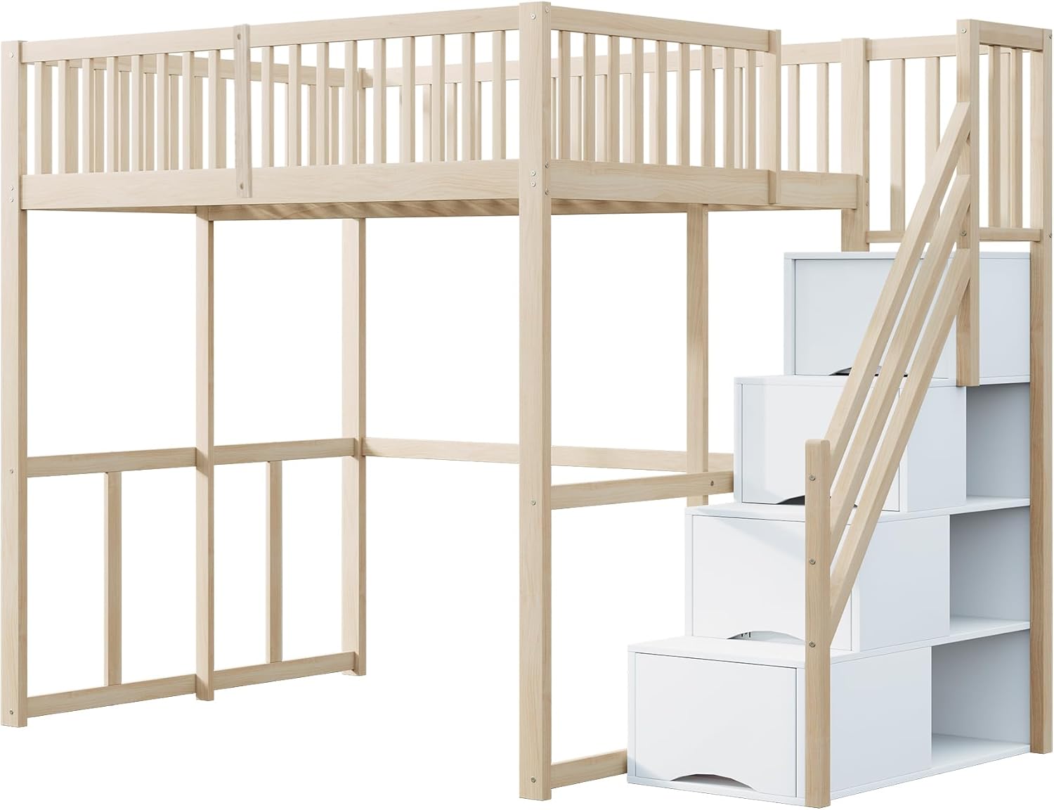 Merax Hochbett 140x200 cm, platzsparendes Kinderbett mit Stauraum, für Kinder, Jugendliche und Erwachsene, Holzfarbe und Weiß (ohne Matratze) — Ansicht 6