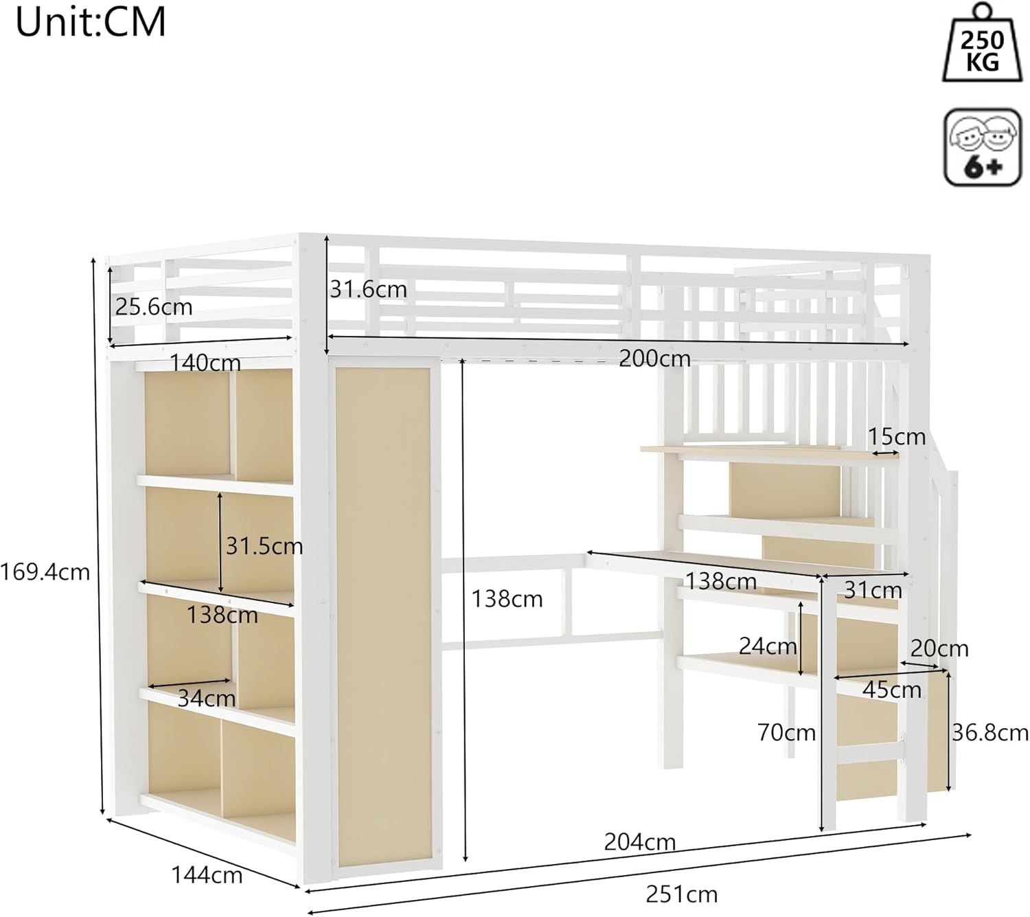 Merax Hochbett 140x200cm, Stabile Metallbett mit Treppe & Rausfallschutz, Multifunktionales Kinderhochbett mit Schreibtisch, LED, Ablagefach, Treppenkonstruktionen mit Stauraum, ohne Matratze, Weiß — Ansicht 2