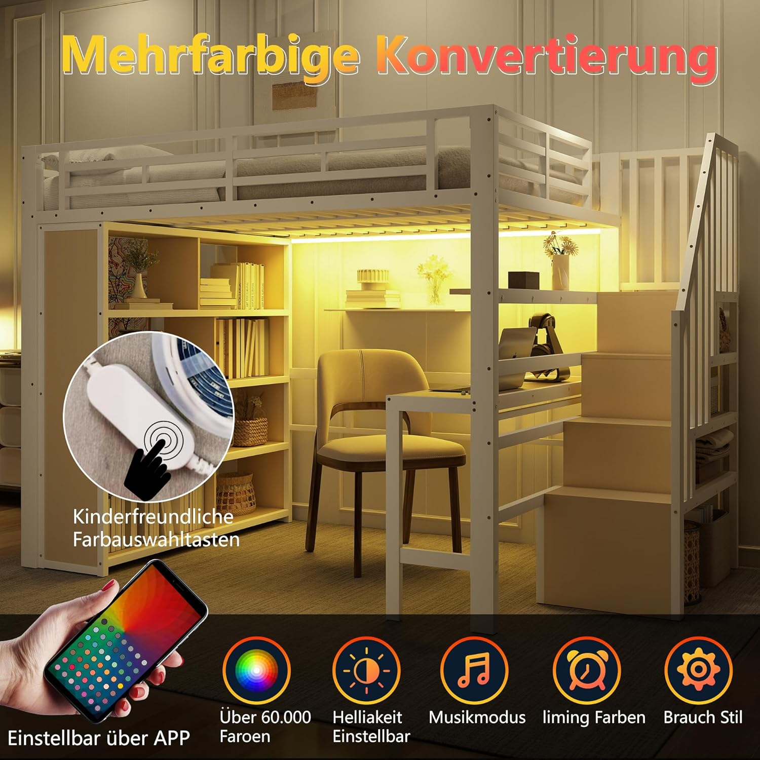Merax Hochbett 140x200cm, Stabile Metallbett mit Treppe & Rausfallschutz, Multifunktionales Kinderhochbett mit Schreibtisch, LED, Ablagefach, Treppenkonstruktionen mit Stauraum, ohne Matratze, Weiß — Ansicht 5