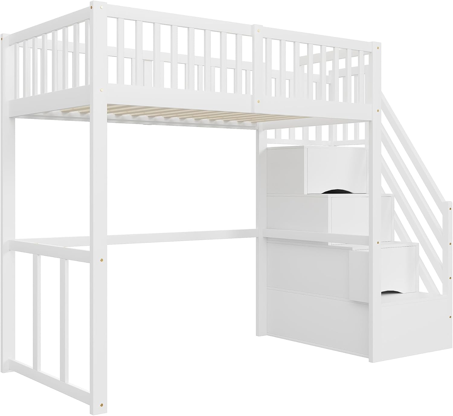 Merax Hochbett 90 x 200 cm, Multifunktionales Kinderbett mit Stauraum Treppe, Weiß (Ohne Matratze) — Ansicht 5