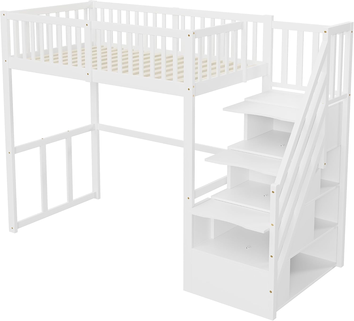Merax Hochbett 90 x 200 cm, Multifunktionales Kinderbett mit Stauraum Treppe, Weiß (Ohne Matratze) — Ansicht 6