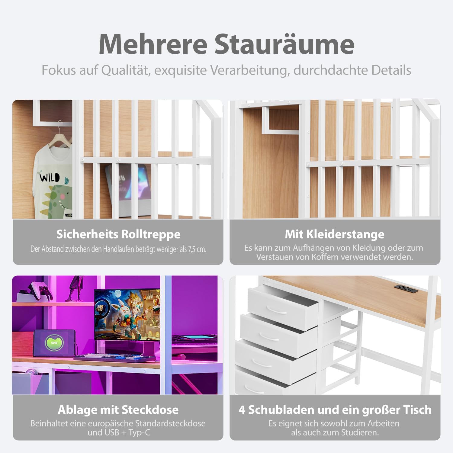 Merax Hochbett 90x200 cm aus Metall mit Schreibtisch, Jugendbett mit Ablagefächern, Kleiderstange, LED & Steckdose – für kleine Zimmer (Ohne Matratze) — Ansicht 4