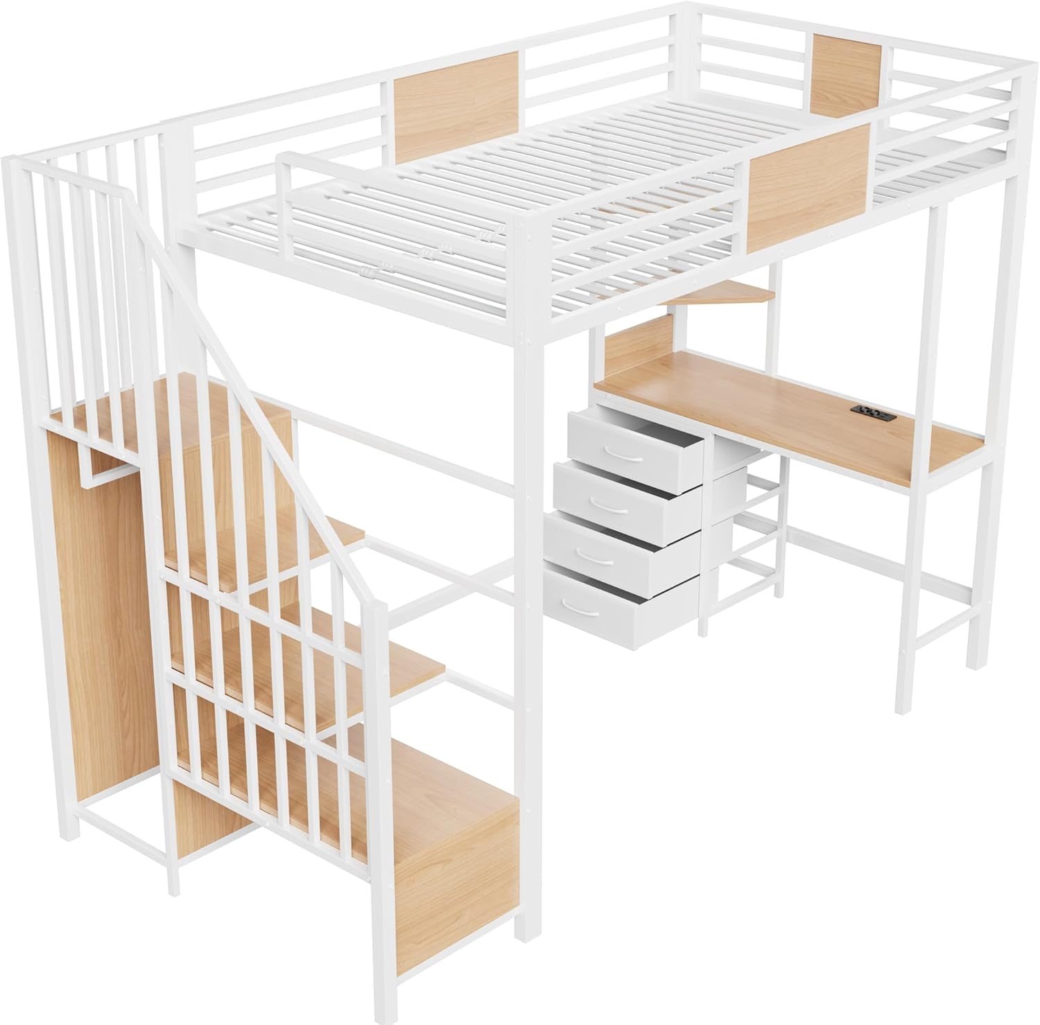 Merax Hochbett 90x200 cm aus Metall mit Schreibtisch, Jugendbett mit Ablagefächern, Kleiderstange, LED & Steckdose – für kleine Zimmer (Ohne Matratze) — Ansicht 6