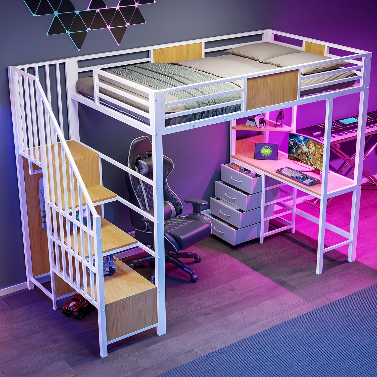 Merax Hochbett 90x200 cm aus Metall mit Schreibtisch, Jugendbett mit Ablagefächern, Kleiderstange, LED & Steckdose – für kleine Zimmer (Ohne Matratze)