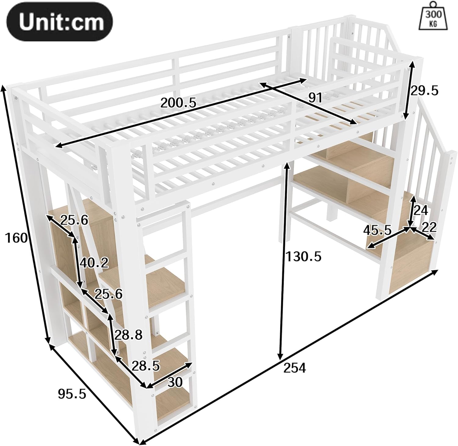 Merax Hochbett 90x200 cm, Metallbett mit Treppe und Rausfallschutz, Funktionsbett Kinderhochbett mit LED, Ablagefach, offener Stauraum unter dem Bett, Jugendbett Bettgestell (ohne Matratze), Weiß — Ansicht 2