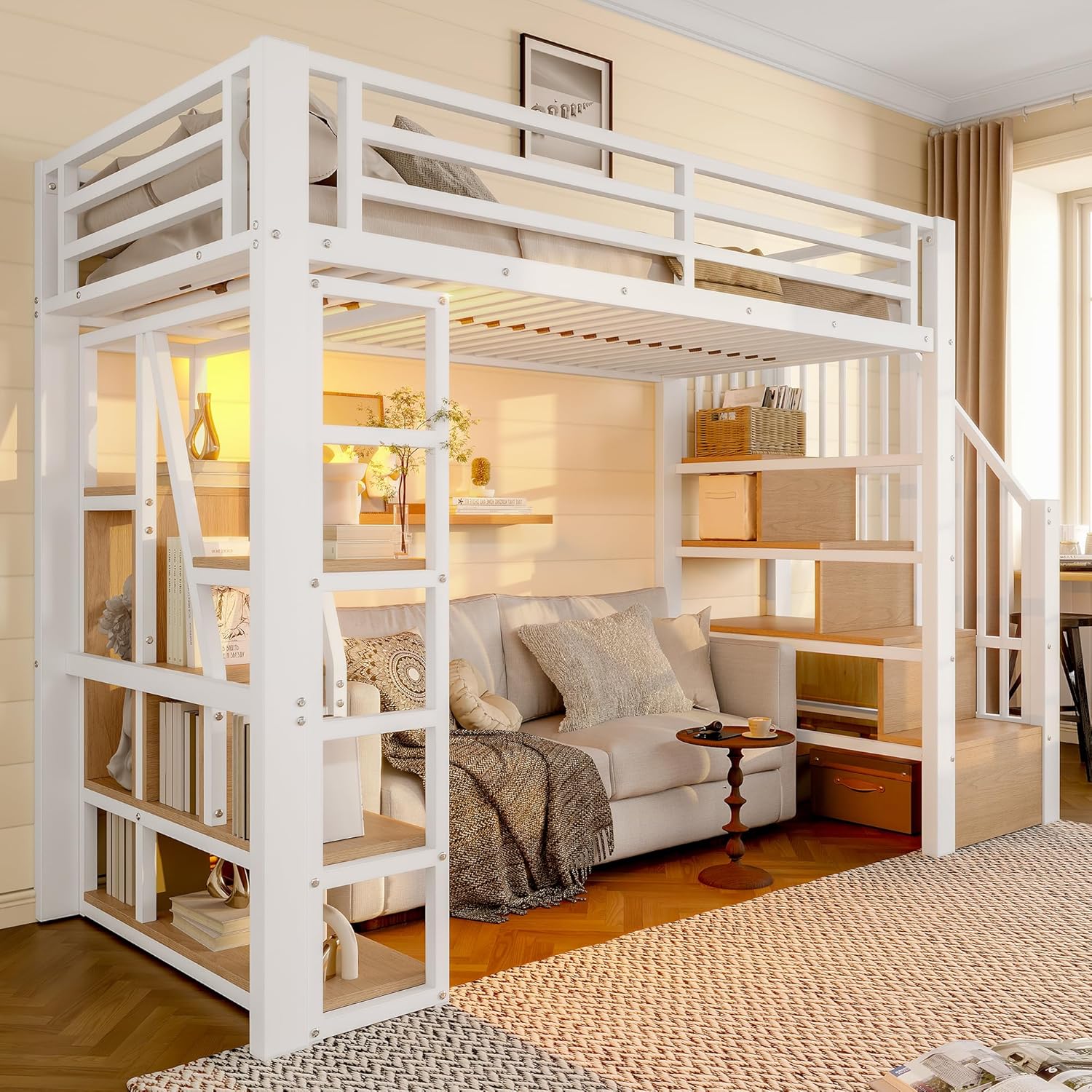 Merax Hochbett 90x200 cm, Metallbett mit Treppe und Rausfallschutz, Funktionsbett Kinderhochbett mit LED, Ablagefach, offener Stauraum unter dem Bett, Jugendbett Bettgestell (ohne Matratze), Weiß — Ansicht 3