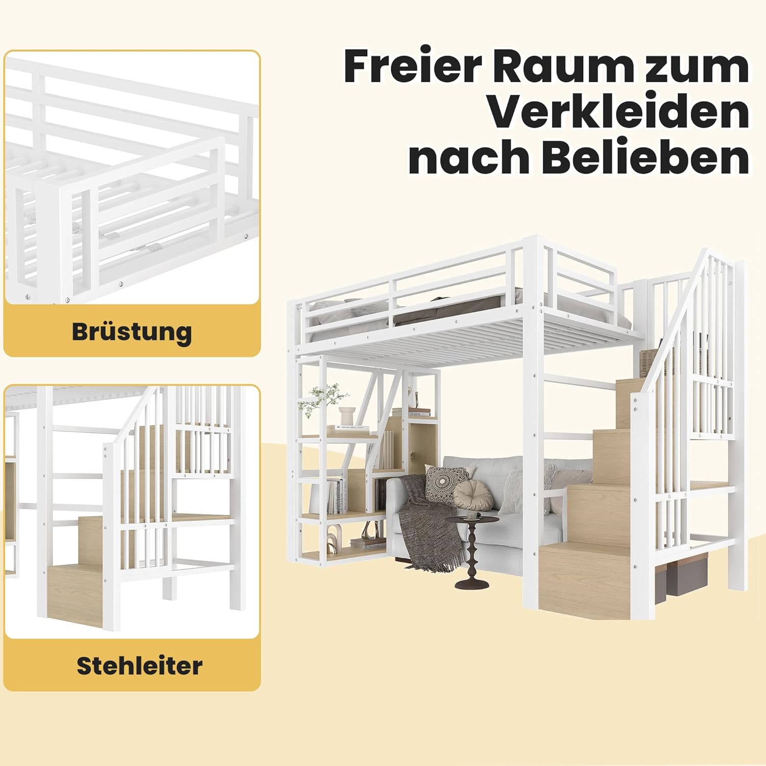 Merax Hochbett 90x200 cm, Metallbett mit Treppe und Rausfallschutz, Funktionsbett Kinderhochbett mit LED, Ablagefach, offener Stauraum unter dem Bett, Jugendbett Bettgestell (ohne Matratze), Weiß — Ansicht 5
