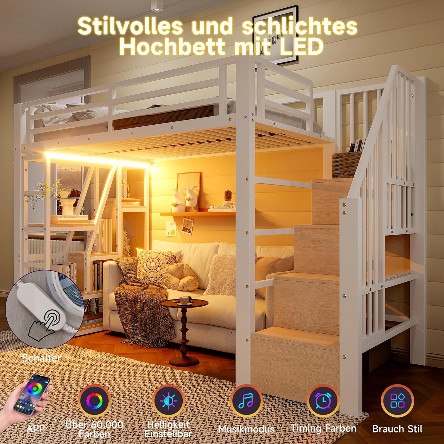 Merax Hochbett 90x200 cm, Metallbett mit Treppe und Rausfallschutz, Funktionsbett Kinderhochbett mit LED, Ablagefach, offener Stauraum unter dem Bett, Jugendbett Bettgestell (ohne Matratze), Weiß — Ansicht 6