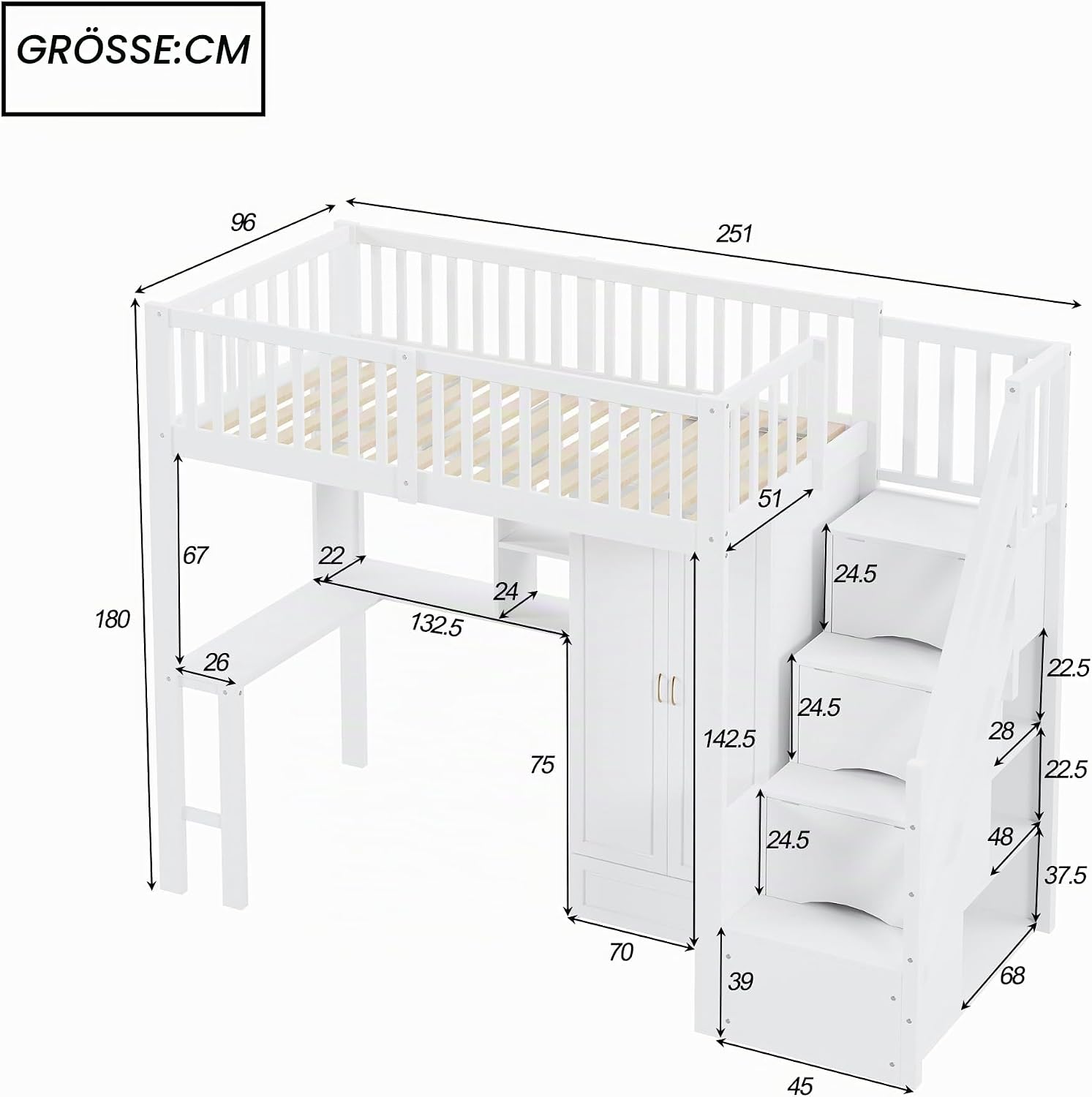 Merax Hochbett 90x200 cm mit Kleiderschrank, Regal und Schreibtisch, Holz Bettgestell mit Stauraum, Weiß, ohne Matratze — Ansicht 2